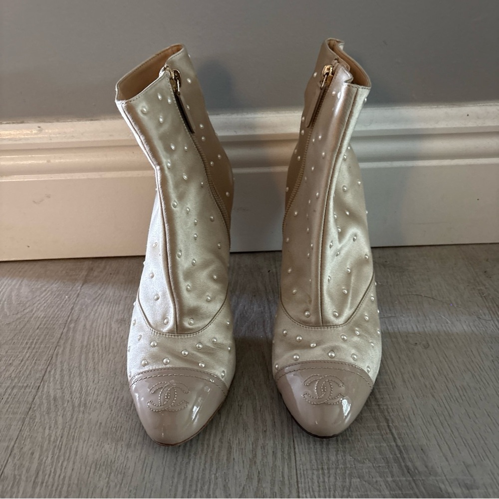 CHANEL Cream Ankle Boots with Pearl Accents